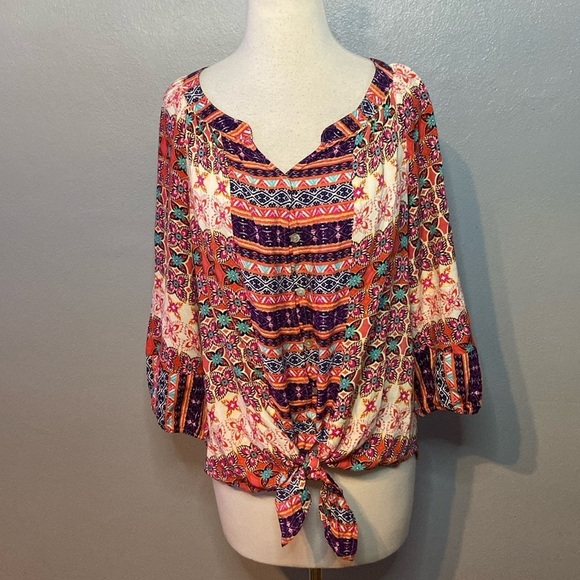 Figueroa&Flower Tops - Figueroa & Flower Blouse Top 3/4 Sleeves Tie Hem PL
